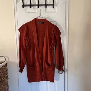 New York & Company Women's Rust Cardigan with Ruffle Sleeves